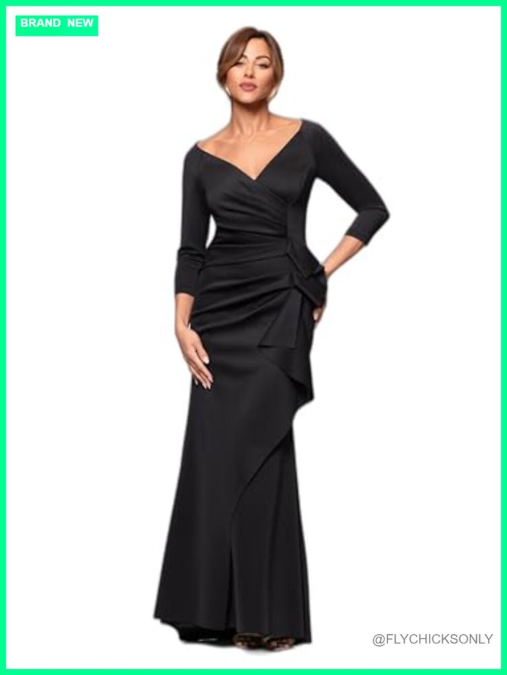 Floor Length V-Neck Bodycon Evening Gown 3/4 Sleeves